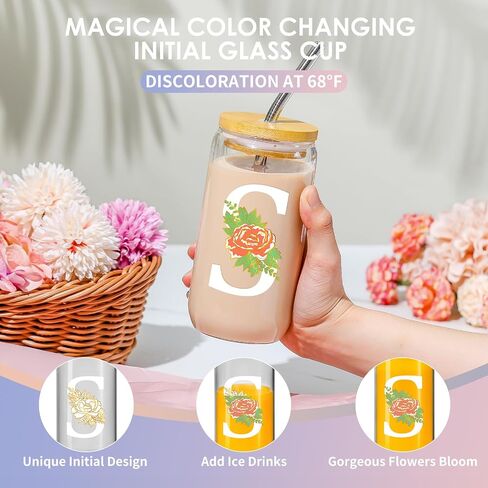 Initial Glass Cup with Lid and Straw Color-changing Monogrammed Gifts for Women 16 oz Iced Coffee Drinking Glass Tumbler Personalized Christmas Thanksgiving Birthday Gifts for Women Her Mom in Kuwait