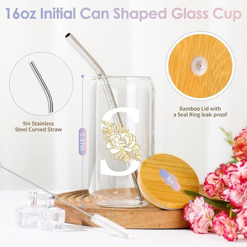 Initial Glass Cup with Lid and Straw Color-changing Monogrammed Gifts for Women 16 oz Iced Coffee Drinking Glass Tumbler Personalized Christmas Thanksgiving Birthday Gifts for Women Her Mom in Kuwait