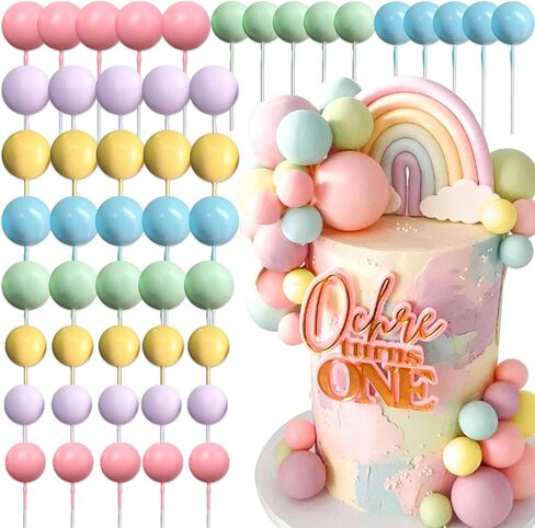 Jevenis 50 PCS Macaroon Rainbow Ball Cake Toppers Toppers Contlulful Rainbow Cake Topper Pastel Colls Cupcake Topcake لعيد ميلاد حفل زفاف الطفل in Kuwait