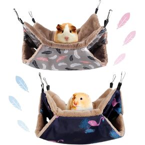LYART 2 Pieces Guinea Pig Rat Ferret Hammocks and Warm Beds for Small Animals Pet, Squirrel Rat Ferret Cage Accessories and Toys for Sugar Glider Guinea Pig Hamster (1.Flamingo+Feather)