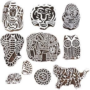 Hashcart Animal Design Wooden Printing Stamps Set of 10, Handcarved Indian Textile Printing Blocks for Crafting on Fabric Blocks, Clay & Henna Tattoo (3031)