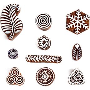 Wooden Stamps for Block Printing on Saree Border, Textile, Clay, Pottery, Tattoo - Indian Textile Printing Blocks - HASHCART® (Pack of 10)