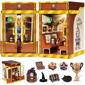 DIY Book Nook Kit, 3D Wooden Puzzle Bookends Bookshelf Booknook, Miniature Dollhouse, Magic Express, Carriage Model, with LED Lights, Dust Cover, Gift for Adult Teen (Magic Travel)