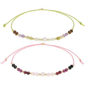 Colorful Gemstone Beads Bracelets Set for Women, 2Pcs Boho Handmade Adjustable Stackable Strand Outfit Accessories Jewelry Gift.
