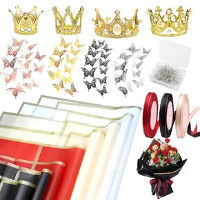 Tusauw 40pcs ورقة غلاف زهرة مع كلوي الذهب 48pcs 3D الفراشة ديكور 100 دبابيس الماس 3 شرائط ، ورقة التغليف الأزهار لعيد عيد الحب عيد الأم عيد الأم عيد الأم
