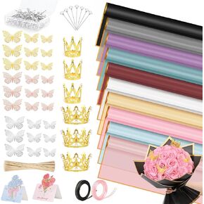Waipfaru 314 Pcs Flower Wrapping Paper Accessories, 60 Sheets Waterproof Bouquet Wrapping Paper, with Crowns Butterfly Decoration Greeting Card &Wooden Stick for DIY, Valentines Day Gifts (10 Colors)