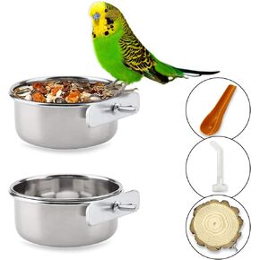 2pcs الطيور قفص مغذية من الفولاذ المقاوم للصدأ ، 10 * 5 سم ماء الطيور والطعام ، وملحقات قفص الطيور المتينة ، تشمل جثم خشبي مستديرة ، ملعقة تغذية الطيور والمياه ، للببغاوات والطيور الصغيرة