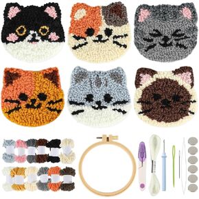 Justforjoyful 6 Set Punch Needle Coasters Kit Punch Needle Embroidery Craft Kits Punch Needle Refrigerator Magnets Punch Needle Kit for Adults Beginner DIY Handmade Gifts Valentine's Day Party(Cat)