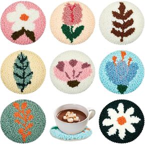Preboun 8 Pcs Floral Punch Needle Coaster Kit Punch Needle Embroidery Kit for Adults Beginners Flower Punch Needle Supplies for Crafters Tufted Coasters Including Yarns Hoop Tools