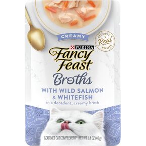 Purina Fancy Feast Lickable Wet Cat Food Broth Topper, Creamy Wild Salmon and Whitefish - (Pack of 16) 1.4 oz. Pouches