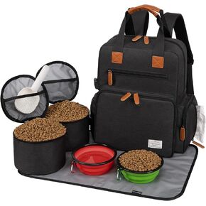 Modoker Dog Travel Bag, Airline Approved Backpack for Pet Accessories Organizer, Tote Weekend Bag with 2 Dog Food Storage Containers, 2 Collapsible Dog Bowls, 1 Pet Mat, Black