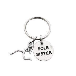 Running Girl SOLE SISTER with Runner Girl Charm Key Chain - Pewter Runner Girl Stick Figure Charm and Pewter Round Pendant on Round Key Ring - All Pewter Key
