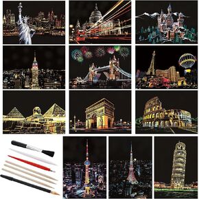 Yolev 12pcs Scratch Art Painting Adults Scratch Rainbow Painting Art Paper Scratch Painting Landmark Building Creative Gift Engraving Art & Craft Set Diy Scratchboard with 4 Tools