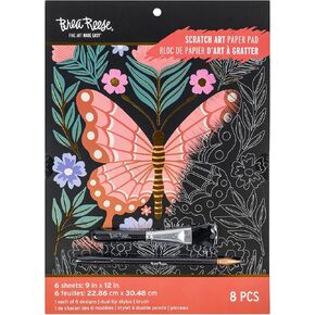 Scratch Art Paper Pad - Butterfly Garden - 6 Designs, Metallic Guided Art, Dual-Tip Stylus & Brush, Easy-to-Frame 9x12 Pages, Adult Craft