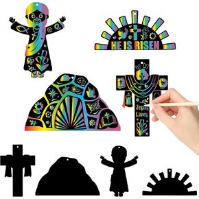 Watinc 80pcs Christian Easter Scratch Cards الحلي ، Cross يسوع مشهد Magic Color Corner Art Kit للأطفال