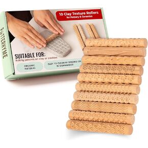 10pcs Wooden Clay Texture Rollers Set for Pottery & Ceramics - Potters Stamp Roller Tools for Ceramic Slabs - Textured Rolling Pins for Modeling, Painting & Glaze Design - Mold Slab Stamps