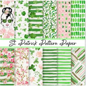JarThenaAMCS 24 Sheet St. Patrick's Day Pattern Paper Spring Watercolor Flower Scrapbook Specialty Paper Green Shamrock Double Sided Decorative Craft Paper for DIY Card Making Photo Album, 11.8 Inch