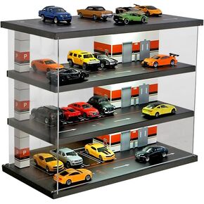 1/64 Four Story Parking Lot Garage Model,Display Case Diecast Diorama Garage Miniature Scene Parking Lot PVC Assembly with Light Parking Space Model Display Frame Toy Display Box
