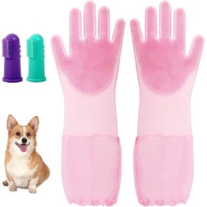 Dog Washing Gloves Finger Toothbrush,2-in-1 Pet Shower Set,Dog Bath Gloves with Extended Length,Comfortable Pet Washing Gloves for Gentle Bathing Efficient, Multifunctional Silicone(Pink)