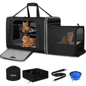 Petskd Side Expandable Large Cat Carrier with Litter Box for Car Travel, 24"x17"x17" Extra Large Pet Carrier for 2 Cats Under 55LBS Pet, Soft Sided Cat Carrier with Locking Zippers for Vet(Black)