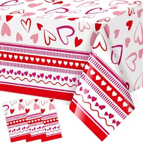 Fancy Land Happy Valentines Day Tablecloths 3 Pack Heart Red Plastic Party Decorations 54 X 108 Table Cover Anniversary Valentines Wedding Birthday