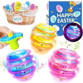 6 PCS Easter Eggs Toys Gifts for Kids, Light up & Singing Spinning Top with Flash, Easter Basket Stuffers, Plastic Easter Egg Hunt Party Favor Toy, Kids Goodie Bag Fillers, Gifts for 3+ Boys Girls