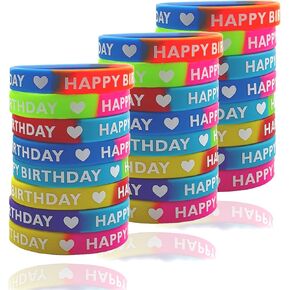 Happy Birthday Bracelets for Birthday Party Supplies Favors, 8 Styles Premium Silicone Stretch Happy Birthday Wristbands for Kids&Teens in family classroom school (24pcs).