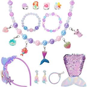 Toddler Jewelry for Little Girls, Kids Mermaid Play Costume Dress Up Toys Set for Age 3-4-5-6-7-8-9 Year Old, Princess Necklace Headband Bracelet Rings Earrings Purse Charms