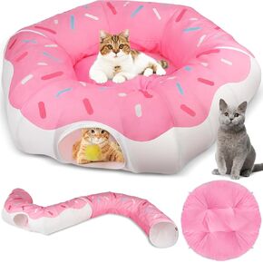 Extra Large Cat Tunnels for Indoor Cats, Multifunctional Cat Tunnel Bed, Cute Cat Donut Tunnel with Washable Cushion & Hanging Balls, Detachable Cat Tunnel Toy for Large Cat, Kittens (41 in)