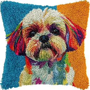 Shih Tzu Dog Colorful Latch Hook Kits Pillow Printed Cushion Crochet Yarn Needlework DIY Hook Latch Kit Pillowcase Rug Cover Home Sofa Christmas Decoration 43x43cm(2)