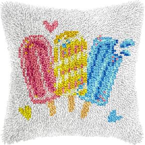 Latch Hook Kits for Adults, DIY Popsicle Decor Pattern Pillow Cover Kit Needlework Cushion Cover Hand Craft Crochet for Home Sofa Decorations 17 x 17 Inch