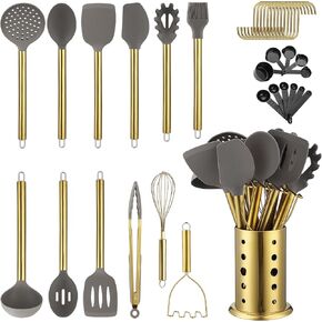 Gold Kitchen Utensils Set, Kyraton 38 Pieces Non-Stick Silicone Cooking Utensils Set, Spoon Spatula Set with Sturdy Stainless Steel Utensil Holder, Dishwasher Safe