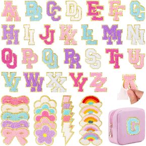 72 Pcs Embroidered Chenille Patches Self Adhesive for DIY Clothing,Include 52 A-Z Varsity Letters Patches Stickers,20 Rainbow Flower Bowknot Sew on Repair Patches for Backpacks Hats Jackets Shoes