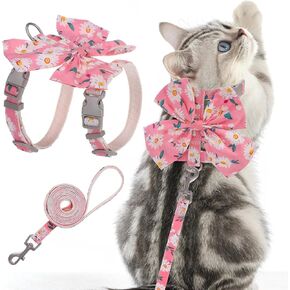 PAWCHIE Cat Harness and Leash Set with Bow Knot,Cats Escape Proof-Adjustable Daisy Floral Kitten Harness Soft Outdoor Walking Travel Pet Harness,Puppy Harness for Girl Cats Bunny Rabbit Small Dog,Blue