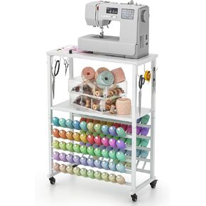 bimiti Sewing Craft Table with Wheels - DIY Pegboard Organizer & Craft Storage Cabinet, 100 Spools Thread Holder, 6 Hooks, Mobile Sewing Organizer Workstation for Craft Room & Home