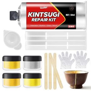 Kintsugi Repair Kit 50ml ، غراء خزفي آمن للأطعمة لإصلاح الأوعية والكؤوس والصحون والمزهريات ومجموعة إصلاح الفخار مثالية للمبتدئين الذين يستعدون هدايا ذات مغزى وحرفة فنية (الذهب والفضة)