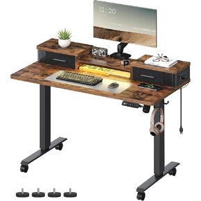 VASAGLE Electric Standing Desk with Drawers, 47.2 x 23.6 Inches, Sit Stand Desk with Power Outlet and LED Lights, Adjustable Height, Storage Shelf, 3 Memory Buttons, for Home Office, Rustic Brown