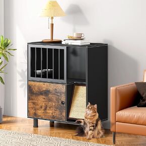 Cat Feeding Station,Feeding Station with cat Scratching Board, Elevated Cat Food Bowl with Cabinet,cat Locker with Storage, Black Vintage Color