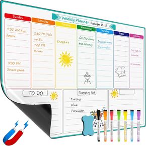 MaxGear Weekly Dry Erase Board for Fridge, Magnetic Calendar Whiteboard Planner for Refrigerator with Stain Resistant Technology, Include 7 Fine Point Markers and 1 Eraser, 16"x12"