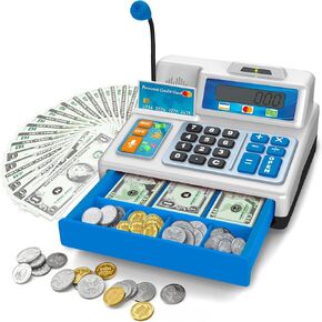 Calculator Cash Register Toy Gift for Kids Age 3, 4, 5, 6, 7, 8+ Year Old, 73 Pcs Grocery Store Playset with Microphone, Credit Card, Cash Register for Toddlers Kids 4-8
