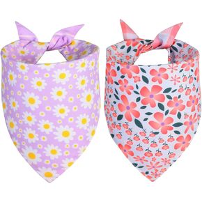 Spring Dog Bandana Girl Large 2PCS, Pink Purple Daisy Scarf, Durable Triangle Reversible Bibs Handkerchief for Puppy Pet