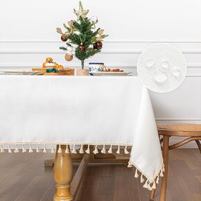 MYSKY HOME White Table Cloth Rectangle, Boho Tablecloth, Cotton Tablecloth Waterproof Tablecloths for Rectangle Tables, Wrinkle Free Heavy Duty Table Coths with Tassels for Party & Dining Use, 55"X70"