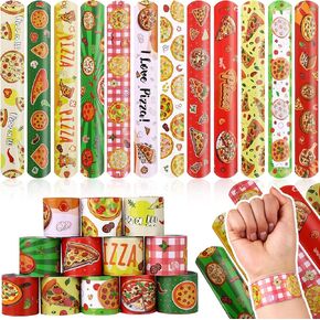 60Pcs Pizza Party Slap Bracelets Pizza Birthday Party Supplies Pizza Theme Slap Wristbands Gifts for Women Men Teen Pizza Party Favors Baby Showers Classroom Prizes, 12 Styles