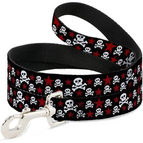 Buckle-Down Pet Leash - Skulls & Stars Black/White/Red - 4 Feet Long - 1" Wide