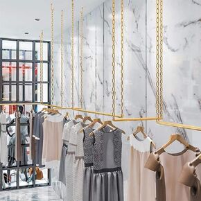2 Pcs Adjustable Height Creative Chain Clothing Hanging Racks,Clothes Storage Shelves, Heavy Duty Metal Garment Rack,Retail Display Ceiling Hanger (Gold, 47.2 L)