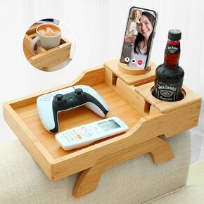 Couch Arm Tray, Multi-Function Folding Sofa Armrest Tray with 360°Rotating Phone&Pad Bracket, TV Tray for Eating and Beverage