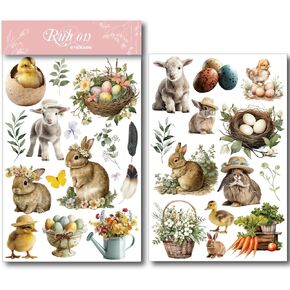 Spring Easter Crafts Rub On Transfers Sticker Vintage Floral Farm Rabbit Cow Decal DIY Egg Cute Bunny Use for Fabric Clay Paper Wood Holiday Scrapbooking Embellishments (Larger 3 Sheets)