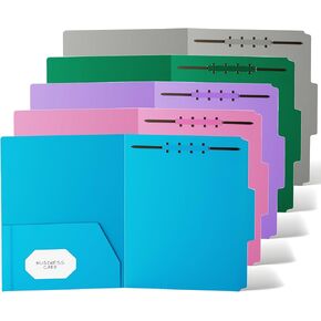 Ansook Manila Fastener File Folder,Plastic Folders with Pockets,1/3 Cut Tabs,Reinforced Heavy Duty Pocket Folder with Brad,Staggered Top Tab Folders,Manila,Letter Size,12 Pack,Assorted Color