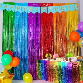 Misutaa Rainbow Party Decorations,2 Pack Rainbow Wavy Foil Fringe Curtains,1 Pack Rainbow Wavy Table Skirt Party Decorations for Birthday Holiday Engagement Bridal Shower Unicorn Pride Party