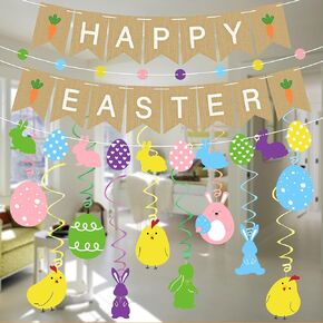 Easter Animal Decorations Hanging Swirls + Banner - Happy Spring Indoor Decor Birthday Gifts Bulk Party Supplies